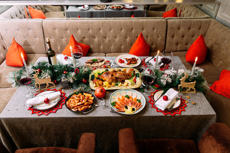 New Year festive served table with decorationsの写真素材