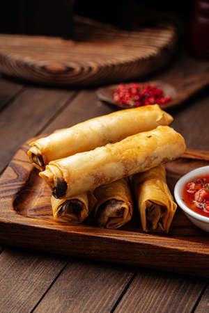 Spring rolls with salsa sauceの写真素材