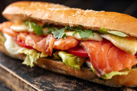 Closeup on appetizing salmon sandwichの写真素材
