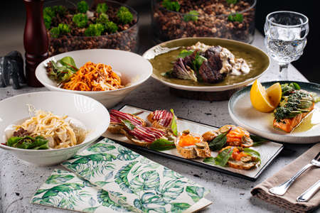 Set of different gourmet mediterranean dishes