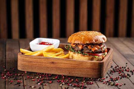 Beef burger set with french fries and ketchupの写真素材