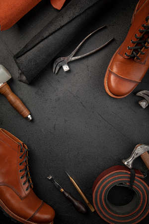 Leather cobbler crafting workshop place with toolsの写真素材