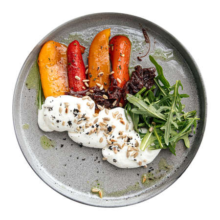Isolated baked bell pepper with feta cheese mousse