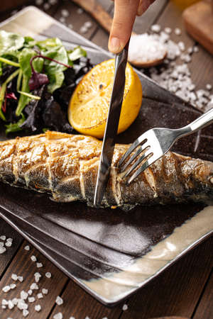 Eating gourmet grilled fish