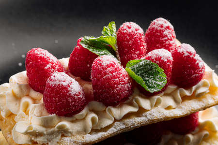Mille feuille dessert with raspberries