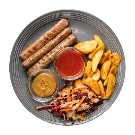 Isolated portion of grilled sausages with potatoの写真素材
