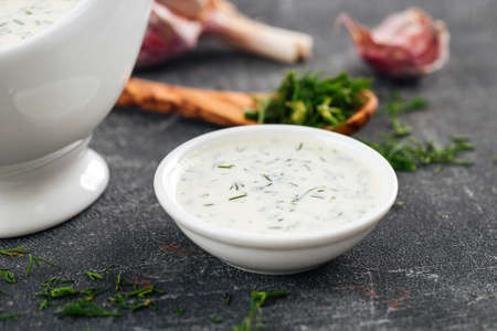 Closeup on portion of sour cream sauceの写真素材