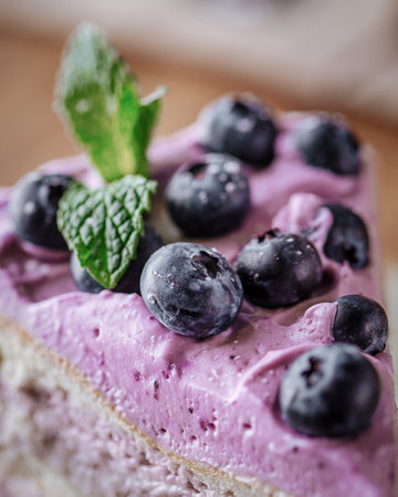 Closeup on slice of blueberry cakeの写真素材
