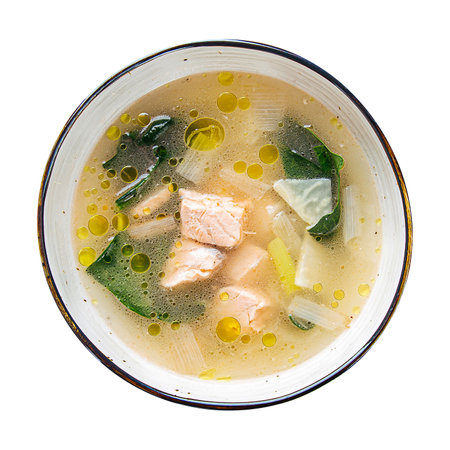 Isolated bowl of salmon and spinach soupの写真素材