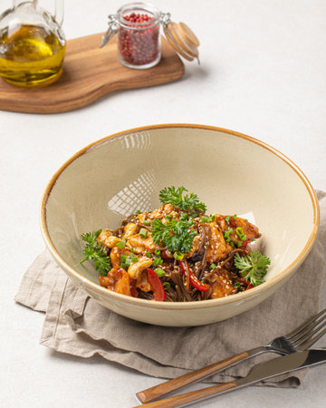 Portion of thai soba noodles with chickenの写真素材