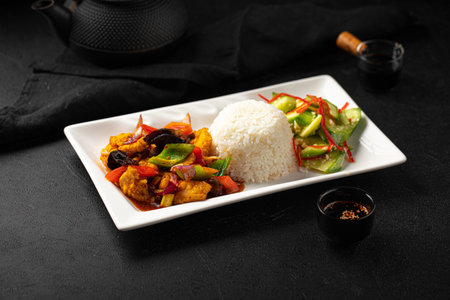 Chinese braised chicken with rice and salad lunchの写真素材