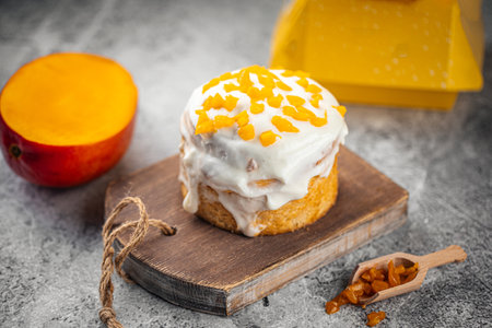 Fresh baked sweet bun roll with cream on serving boardの写真素材