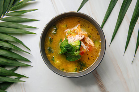 Portion of thai soup tom kha with chickenの写真素材