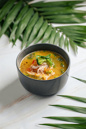 Portion of thai soup tom kha with chicken