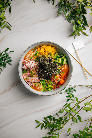 Portion of salmon poke bowl with vegetablesの写真素材