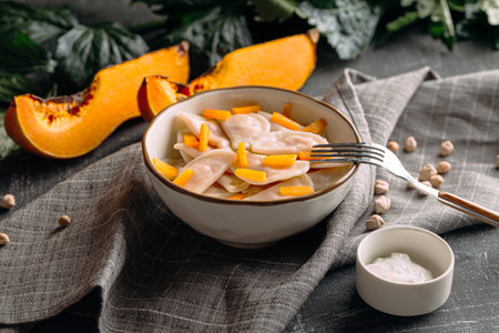 Portion of russian dumplings vareniki with pumpkinの写真素材