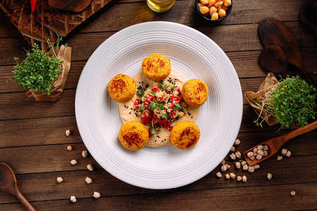Portion of vegetarian falafels with hummusの写真素材