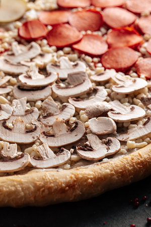 Big uncooked pizza with variety of toppingsの写真素材