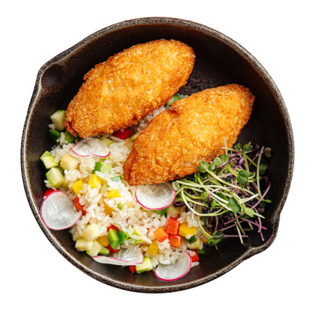Portion of chicken cutlets with vegetable riceの写真素材