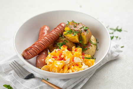 German egg breakfast with sausages and potatoの写真素材