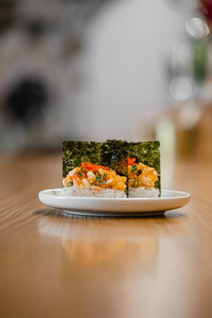 Japanese hand rolls with shrimp and caviarの写真素材