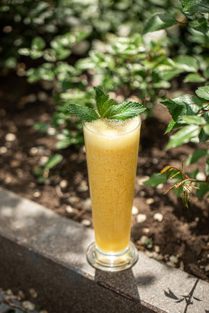 Portion of fresh fruit smoothie with mint