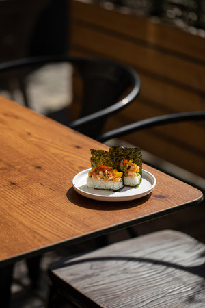 Japanese hand rolls with shrimp and caviarの写真素材