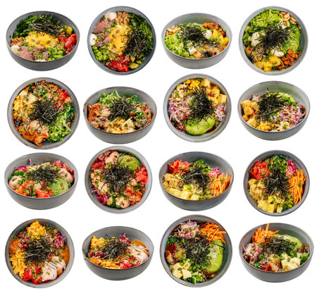 Collage of assorted hawaiian poke bowl dishes