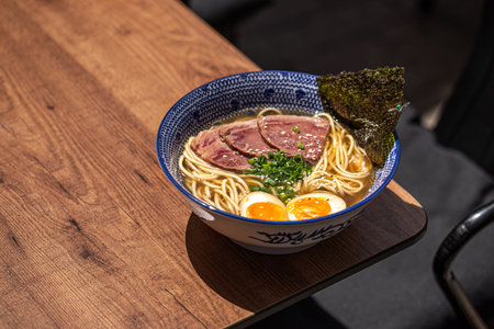 Japanese ramen noodle soup with beef pastramiの写真素材