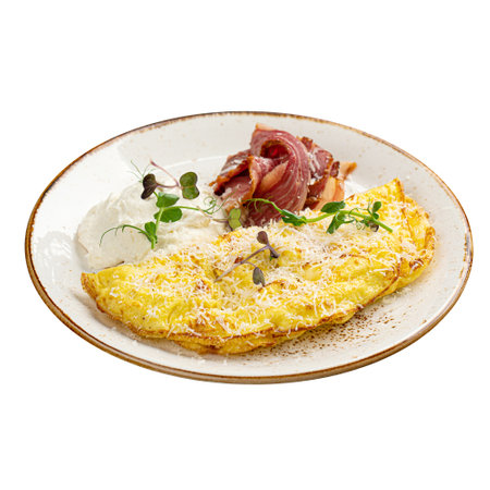 Portion of breakfast with omelette and mild cheeseの写真素材