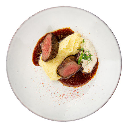 Portion of gourmet grilled beef with mashed potatoの写真素材