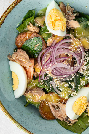 Portion of tuna salad with eggs and vegetablesの写真素材