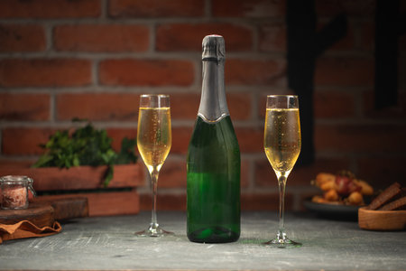 Bottle of champagne and two glassesの写真素材