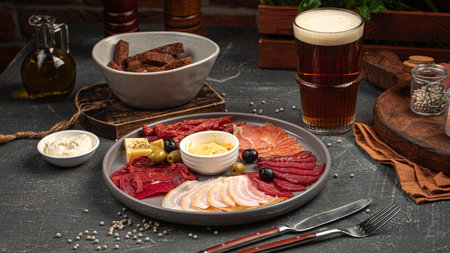 Portion of meat appetizer platter with beerの写真素材