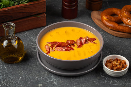 Portion of German pea soup with sausagesの写真素材
