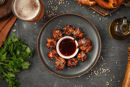 Chicken wings with soy sauce with beer and pretzelの写真素材