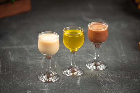 Glasses of assorted liquor on greyの写真素材