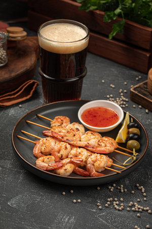 Portion of shrimp skewers with sauceの写真素材