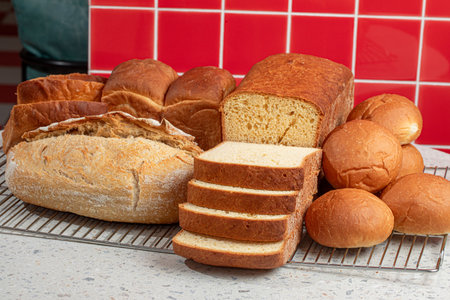 Side view on variety of bread loaves