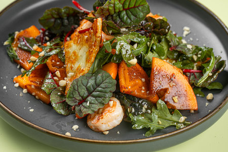 Portion of salad with persimmons and shrimpsの写真素材