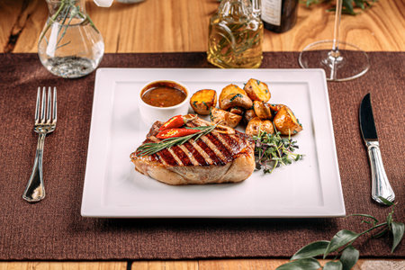 Portion of grilled beef steak servedの写真素材