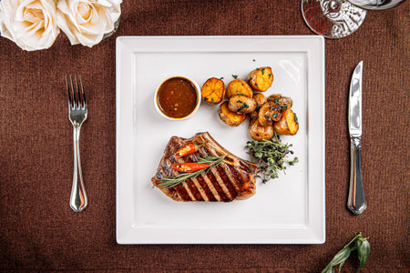 Portion of grilled beef steak servedの写真素材