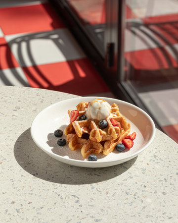 Portion of waffles with ice cream and berriesの写真素材