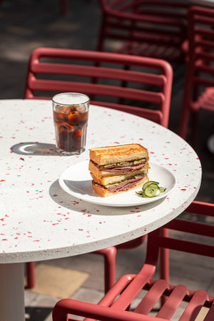 Brisket sandwich with a glass of soda drinkの写真素材