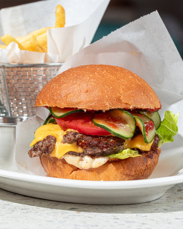 American classic cheeseburger with french friesの写真素材