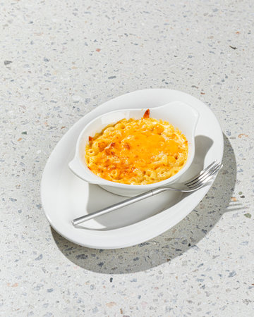 Portion of american dish mac and cheeseの写真素材