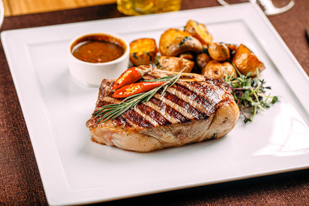 Portion of grilled beef steak servedの写真素材