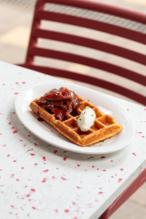 Portion of waffle with brisketの写真素材