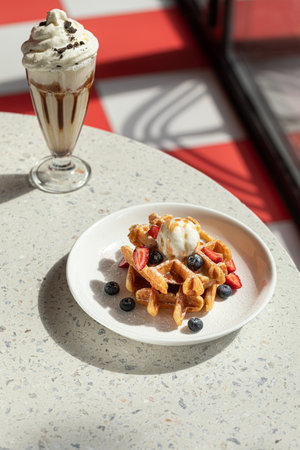 Portion of waffles with ice cream and milkshakeの写真素材
