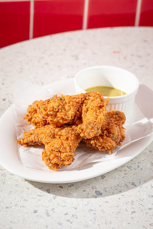 Golden fried chicken with sauce in the cafeの写真素材